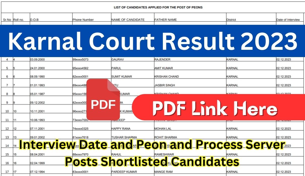 Karnal Court Result 2023 Interview Date and Peon and Process Server Posts Shortlisted Candidates