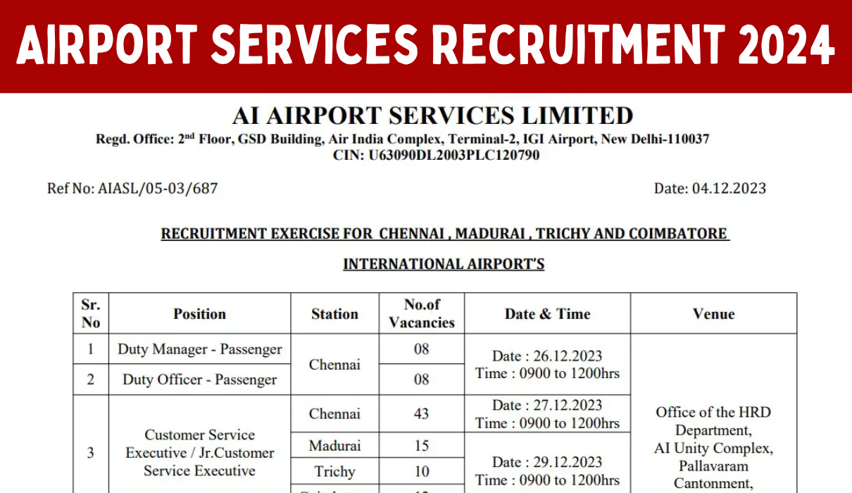 Airport Services Recruitment 2024 10वीं पास के लिए हवाईअड्डा सेवा भर्ती का नोटिफिकेशन जारी