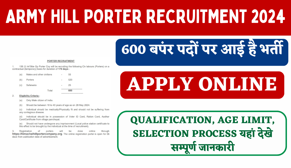 Army Hill Porter Recruitment 2024: 8वीं पास के लिए 600 पदों पर ...